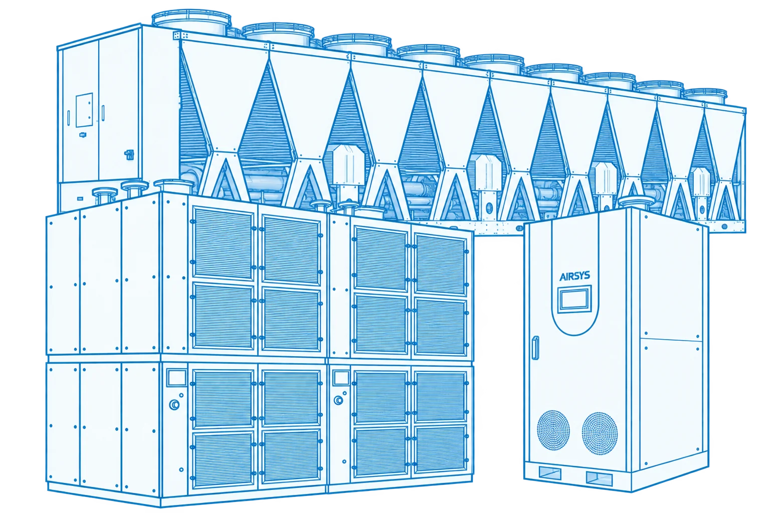 Контуры AIRSYS: чиллер VectorCool-X сзади, холодная стена MaxAir и CDU FluidCool-X впереди