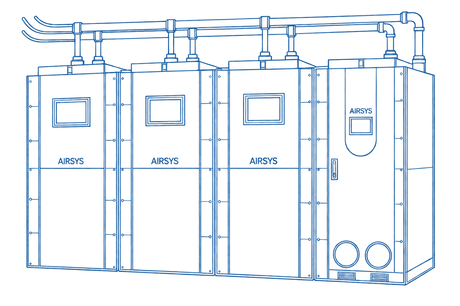 Контурная иллюстрация: три стойки LiquidRack и CDU AIRSYS справа, трубопроводы расположены сверху